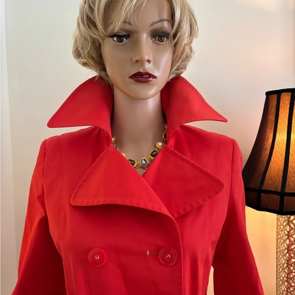 DKNY Red Funnel Neck Belted Trench Coat Pea Coat - Picture 6 of 16